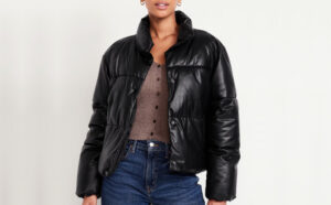 A Woman Wearing Old Navy Faux Leather Puffer Jacket