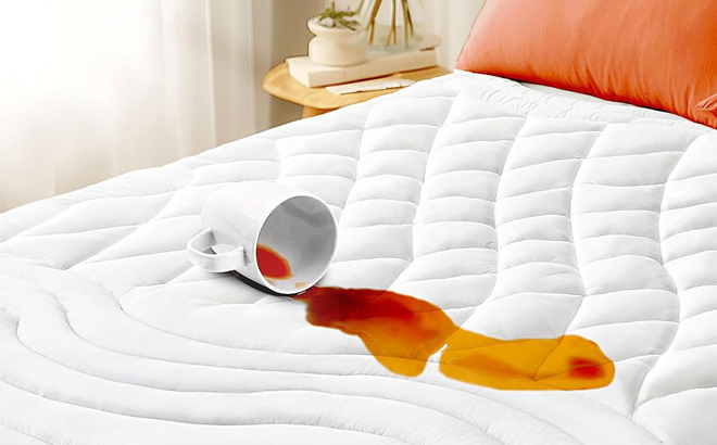 A cup of coffee getting spilled on the Bedelite Waterproof Mattress Pad