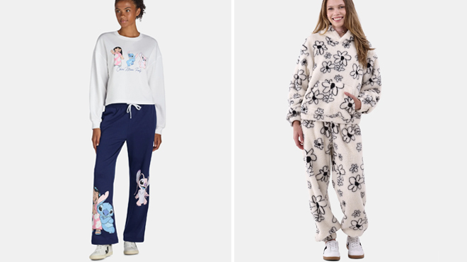 A girl wearing a Wonder Nation Boys Halloween Sweat Set on the left and Disneys Lilo Stitch Womens Sweatshirt Sweatpants Set on the right