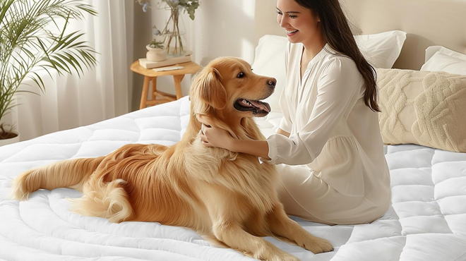 A lady and a dog resting on Bedelite Waterproof Mattress Pad