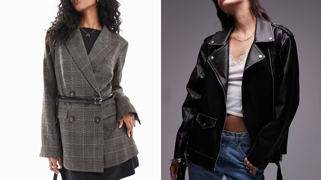 A lady wearing a Asos Design Check Blazer on the left and a lady wearing a Topshop Faux Leather Biker Jacket on the right