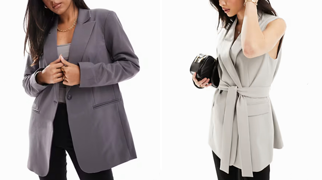 A lady wearing a Asos Design Single Breasted Blazer on the left and a lady wearing a Asos Design Sleeveless Blazer on the right