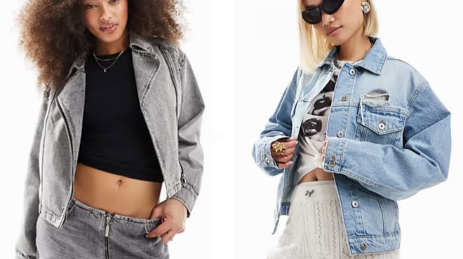 A lady wearing a Miss Selfridge Crop Denim Biker Jacket on the left and a lady wearing a Collusion Denim Trucker Jacket on ther right