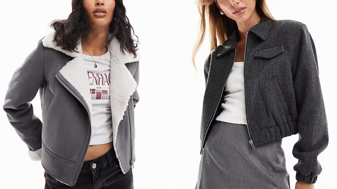 A lady wearing a Stradivarius Teddy Lined Aviator Jacket on the left and lady wearing Asos Design Bomber Jacket on the right