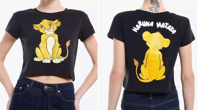 A person wearing a Disney The Lion King Girls Baby T Shirt showing the front and back prints