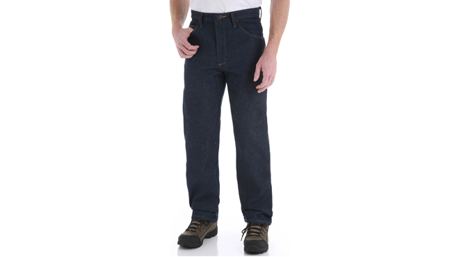 A person wearing a Wrangler Rustler Mens Regular Fit Boot Cut Jeans