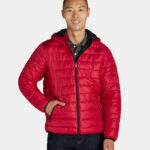 A person wearing a red Big Chill Mens Midweight Quilted Puffer Jacket with Hood