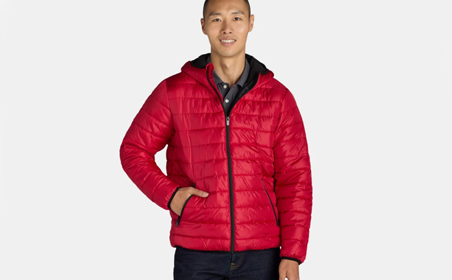 A person wearing a red Big Chill Mens Midweight Quilted Puffer Jacket with Hood