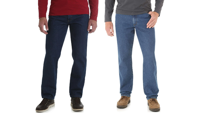 A person wearinga Wrangler Rustler Mens Regular Fit Jeans on the left and Wrangler Rustler Mens Relaxed Fit Jeans on the right