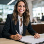 A smiling lady holding a pen studying to become a notary public