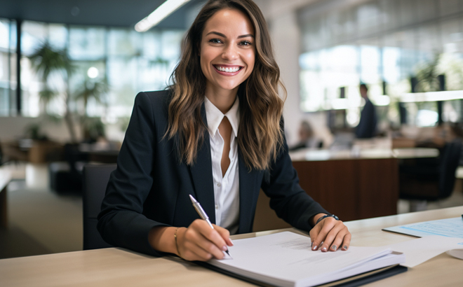 A smiling lady holding a pen studying to become a notary public