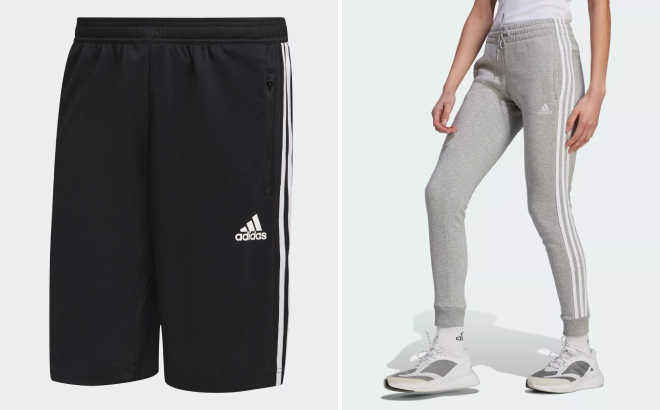 Adidas Mens Designed 2 Move 3 Stripes Shorts and Womens Essentials 3 Stripes Fleece Pants