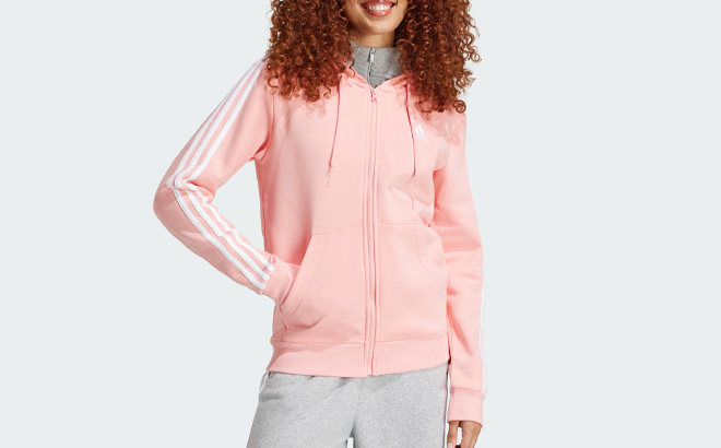 Adidas Womens Essentials 3 Stripes Full Zip Fleece Hoodie