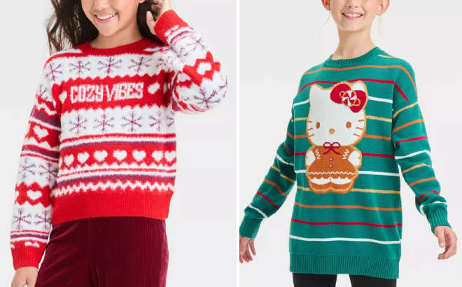 Art Class Girls Cozy Vibes Novelty and Hello Kitty Girls GingerbreadSweaters