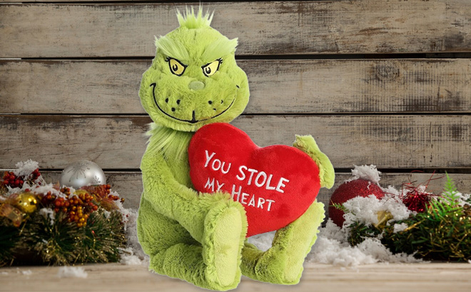 Aurora Whimsical Dr Seuss Stole My Heart Grinch Stuffed Animal on the Table