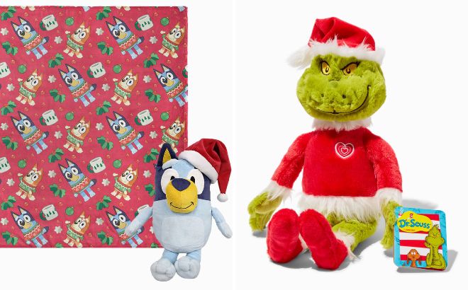 Bluey Festive Sweaters Hugger Pillow Silk Touch Blanket Set and Dr Seuss The Grinch Santa Grinch Plush Toy