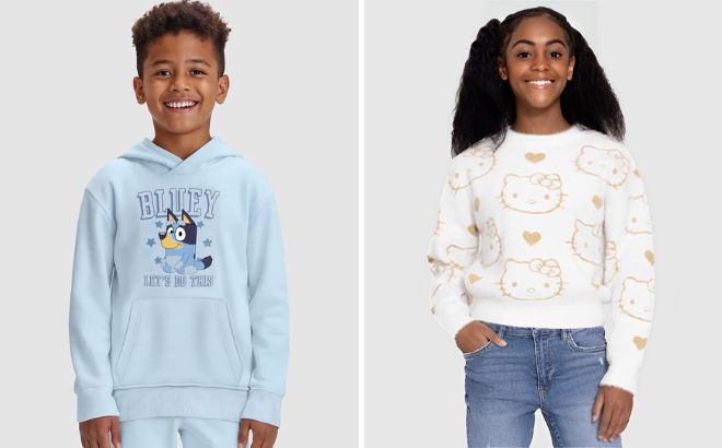 Bluey Kids Graphic Fleece Hoodie and Hello Kitty Girls Metallic Lurex Holiday Sweater