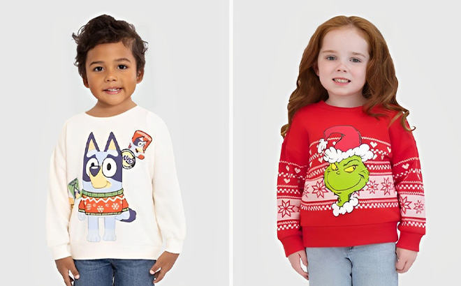 Bluey Toddler Holiday Crewneck Sweatshirt and Dr Seuss The Grinch Toddler Long Sleeve Sweatshirt