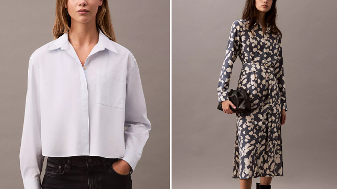 Calvin Klein Cotton Poplin Boxy Button Down Shirt and Calvin Klein Flowing Print Midi Shirt Dress