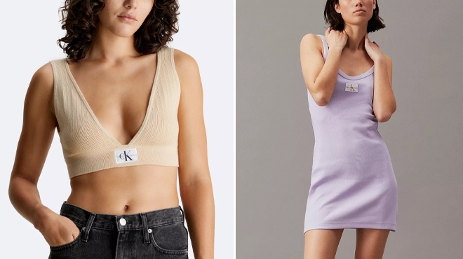 Calvin Klein Ribbed Plunge Neck Sweater Bralette and Calvin Klein Ribbed Monogram Logo Mini Tank Dress