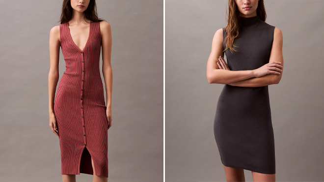 Calvin Klein Smooth Cotton Rib Sweater Midi V Neck Dress and Calvin Klein Tech Knit Sleeveless Mini Dress