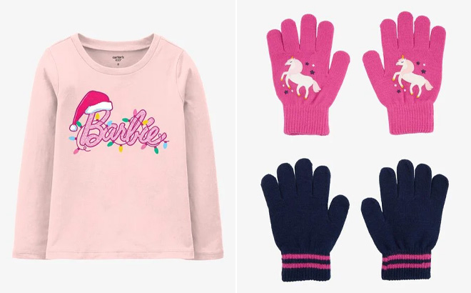 Carters Kids Barbie Christmas Tee and 2 Pack Unicorn Gripper Gloves