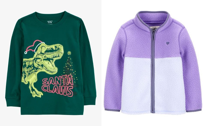 Carters Kids Santa Claws Dinosaur Graphic Tee and Toddler Embroidered Teddy Fleece Jacket