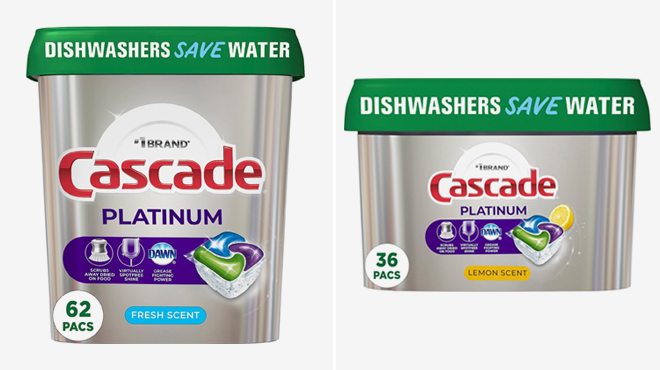 Cascade Platinum Dishwasher 62 Count Pods and Cascade Platinum Dishwasher 36 Count Pods