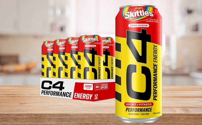 Cellucor C4 Skittles Performance Energy Drink12 Pack on a Table