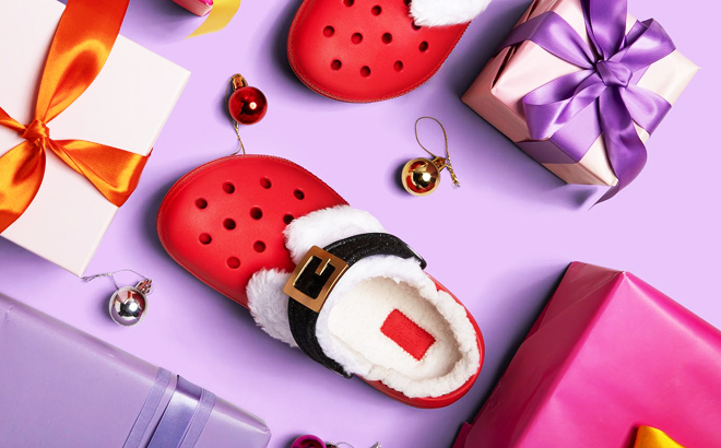 Classic Lined Santa Clogs beside Gifts