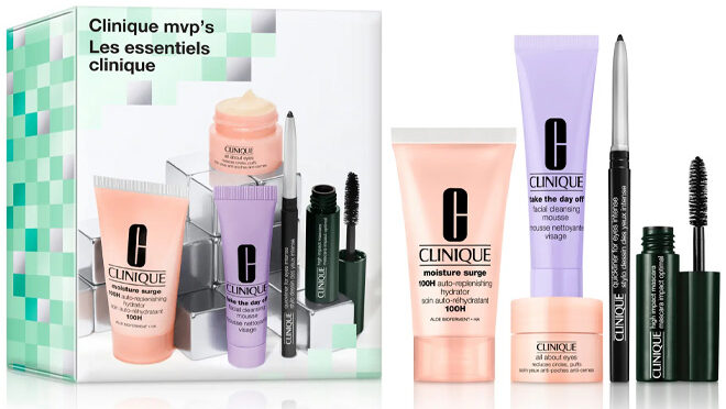 Clinique MVPs Skin Care Makeup Mini Set on a White Background