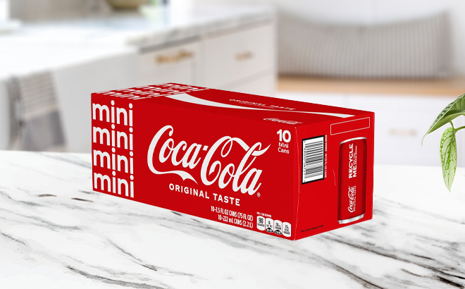 Coke Mini Can 7 5oz 10 Pack on a Kitchen Counter