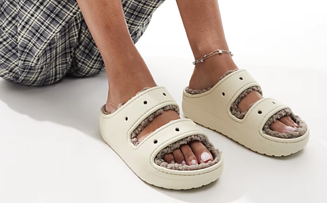 Crocs Classic Cozzzy Sandals in Bone Mushroom Color