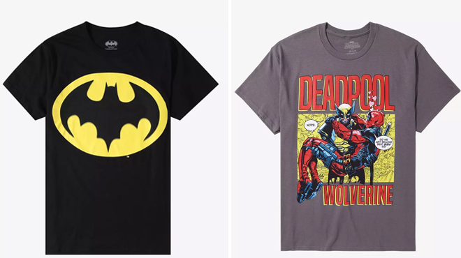 DC Comics Batman 89 Logo T Shirt on the left and Marvel Deadpool Wolverine Best Bubs T Shirt on the right