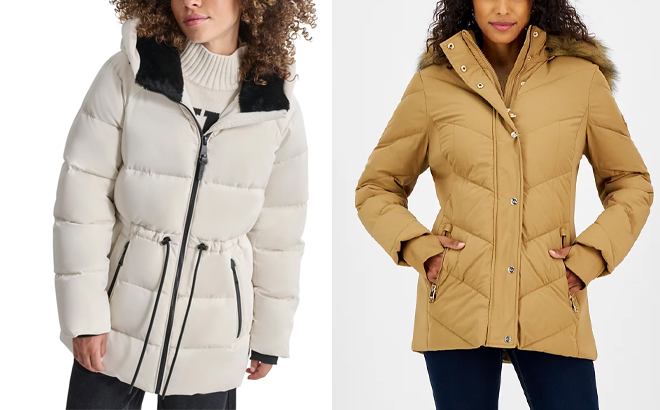 DKNY Womens Shine Hooded Anorak Puffer Coat and Michael Kors Womens Faux Fur Trim Hooded Puffer Coat