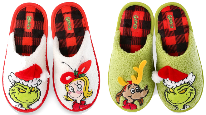 Dr Seuss Grinch Family Scuff Slippers in two different characters