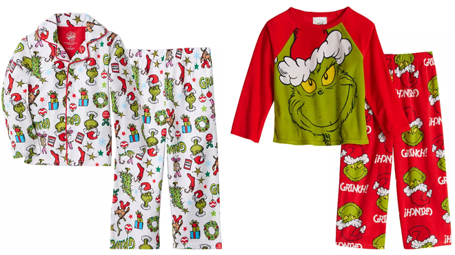 Dr Suess The Grinch Toddler Allover Print Pajama Set on the left and Dr Seuss The Grinch Toddler Pajama Set on the right