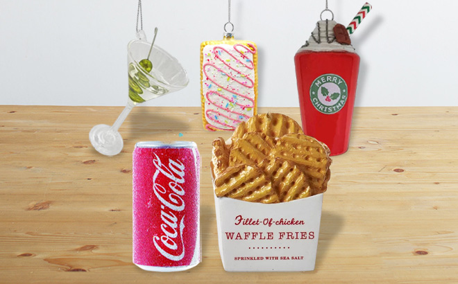 Food and Drink Themed Ornaments on a Table