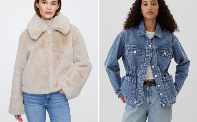 GAP Factory 100 Recycled Relaxed Faux Fur Jacket and Oversized Cinched Waist Denim Jacket