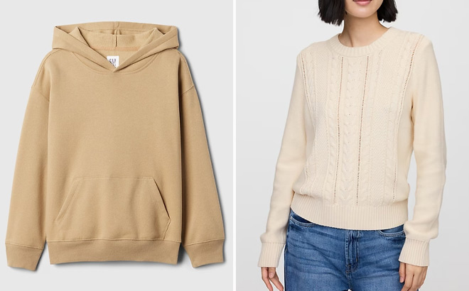 GAP Factory Kids Oversized Vintage Soft Hoodie and Womens Cable Knit Crewneck Sweater