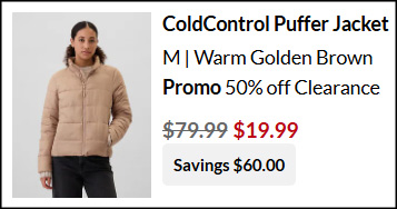 GAP Factory Womens ColdControl Puffer Jacket Checkout