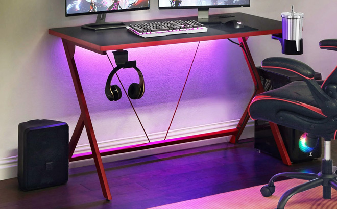 Gamer Gear Y Leg Gaming Desk with LED lights and Power Station in the Room