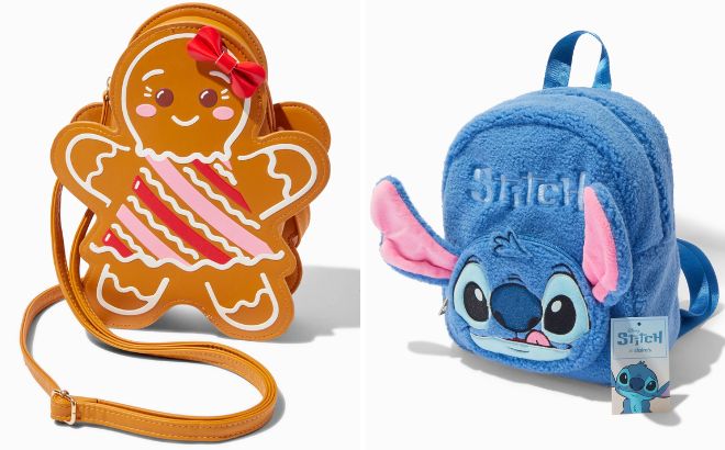 Gingerbread Girl Crossbody Bag and Disney Stitch Claires Exclusive Cozy Backpack