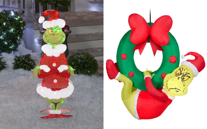 Grinch Holiday Flat Tastics Lighted KD A Frame Grinch and Grinch Christmas Airblown Inflatable Hanging from Wreath