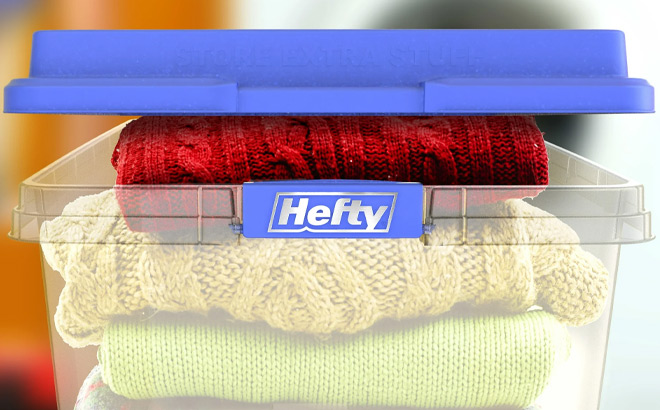 Hefty Storage Bin with Sweaters Inside