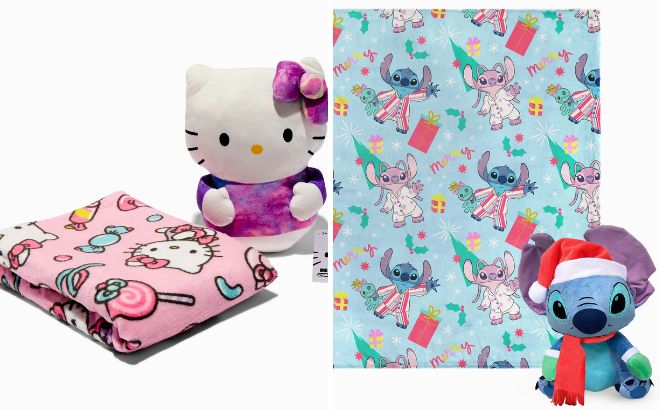 Hello Kitty Sweet Surprise Hugger Pillow Silk Touch Throw Set and Disney Stitch Holiday Pajama Party Hugger Pillow Silk Touch Blanket Set