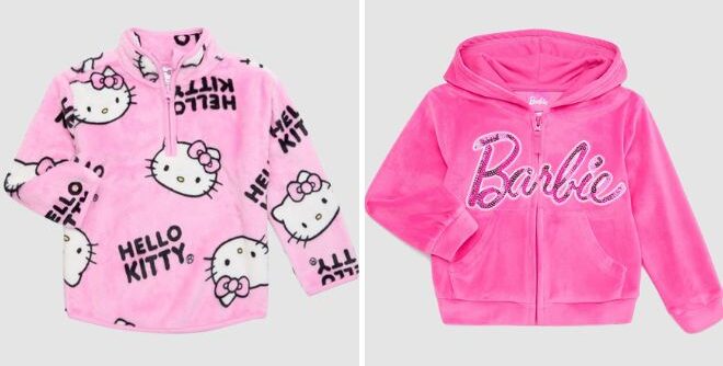 Hello Kitty Toddler Girls Quarter Zip Plush Pullover and Barbie Toddler Girls Velour Zip Up Hoodie