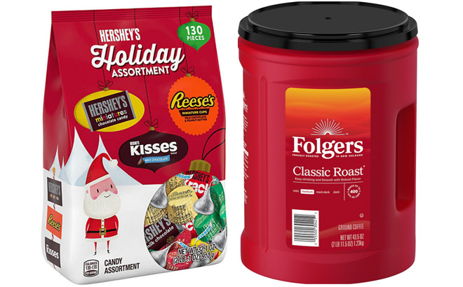 Hershey 130 Piece Christmas Assorted Chocolate Candy and Folgers Classic Medium Roast Ground Coffee