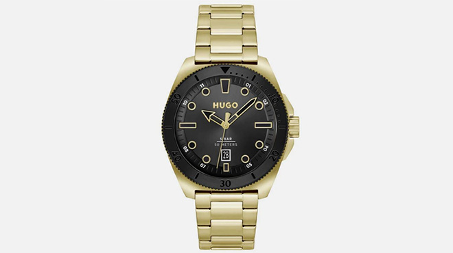 Hugo Boss Men's Visit 44mm Quartz Watch on a Gray Background