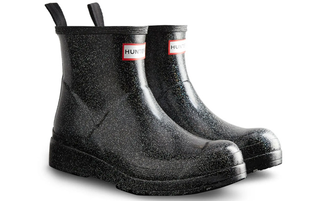 Hunter Womens PLAY Starcloud Glitter Short Rain Boots in Black Color